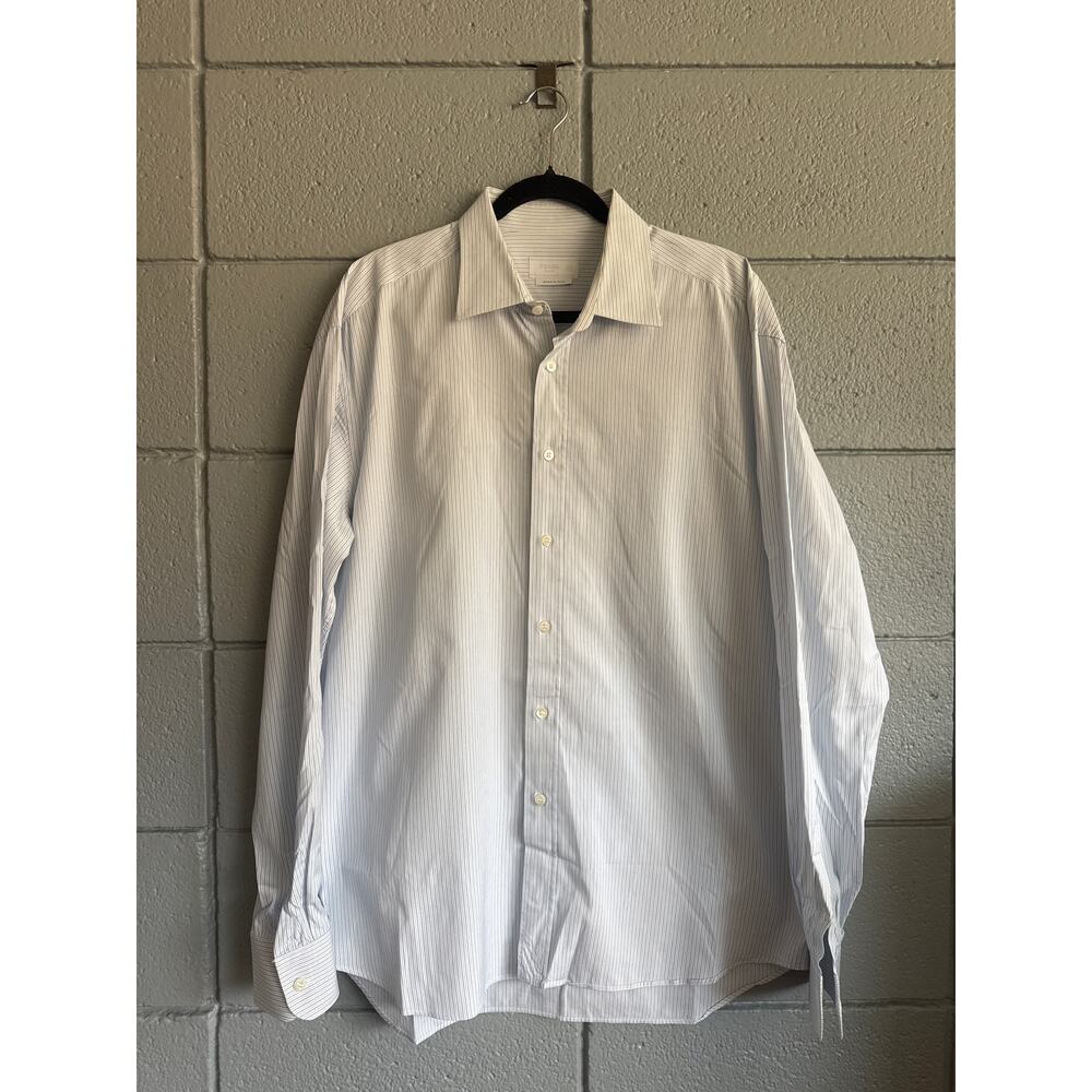PRADA White & Blue Pinstripe Cotton Button Down Long Sleeve size 44 17 1/2